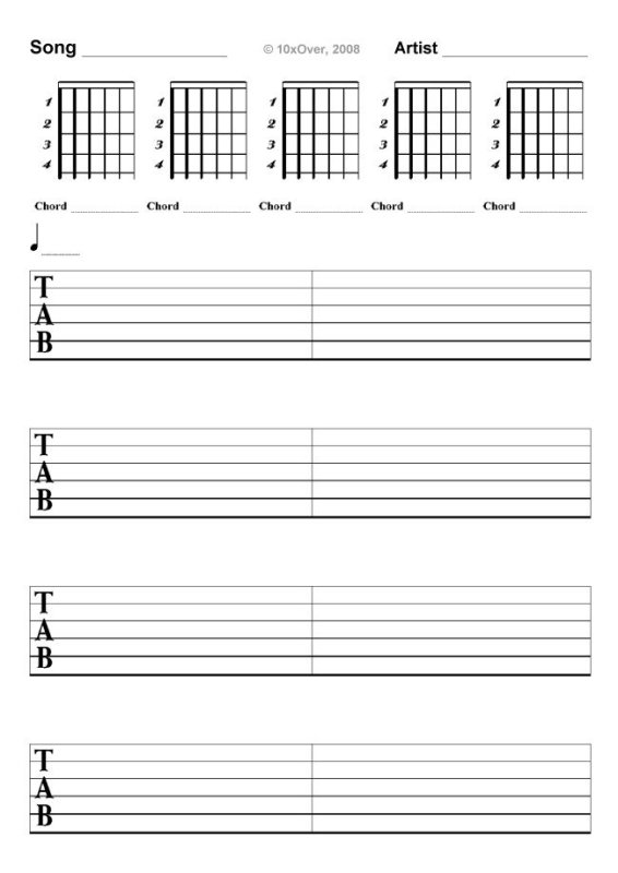 Листы для записи табулатуры для гитары