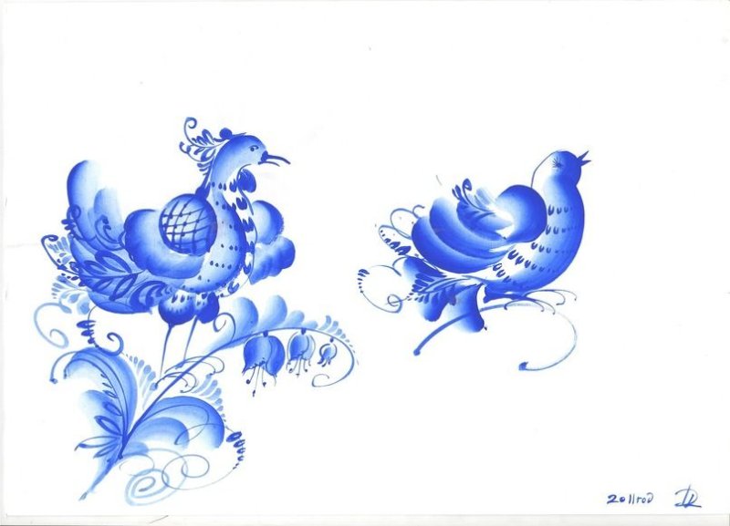 Гжельская роспись птица