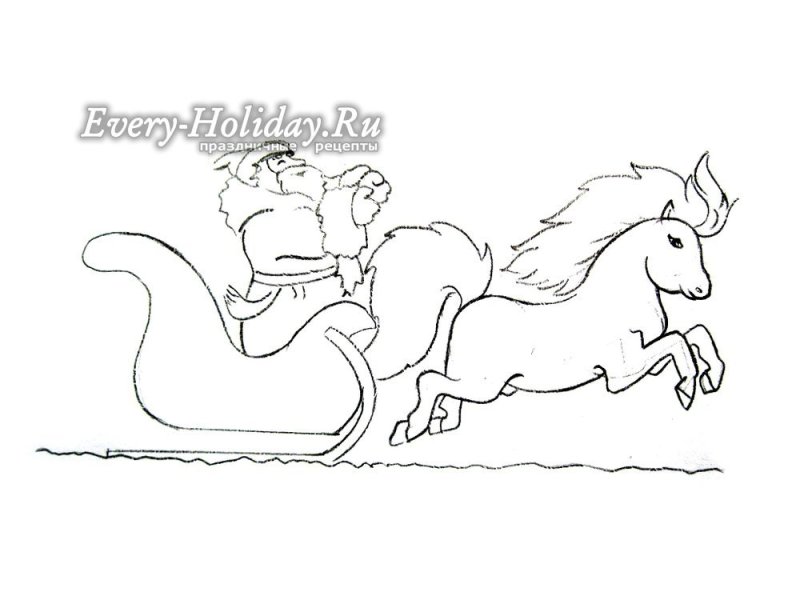 Дед Мороз на санях с лошадьми