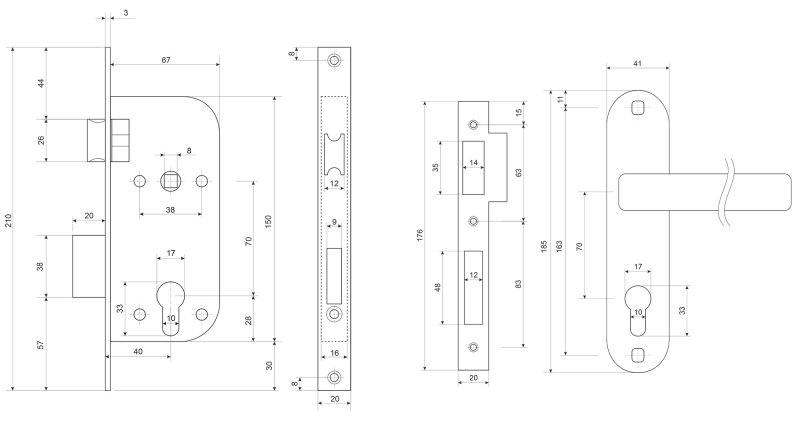 Замок врезной APECS 30-R С размерами чертежи