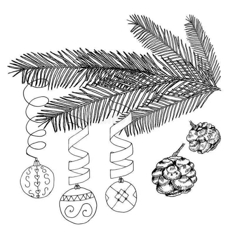 Елочная игрушка на веточке раскраска