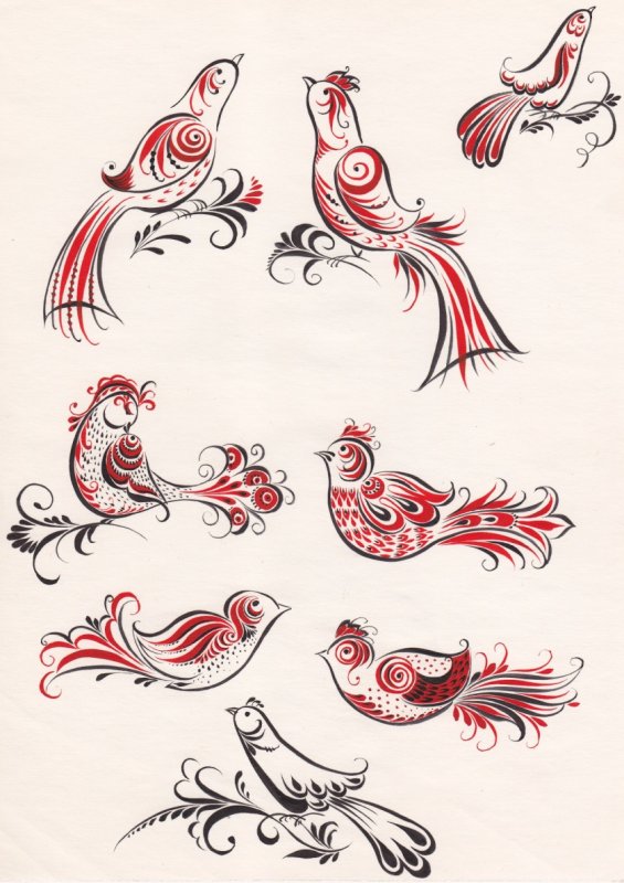 Элементы хохломской росписи птицы