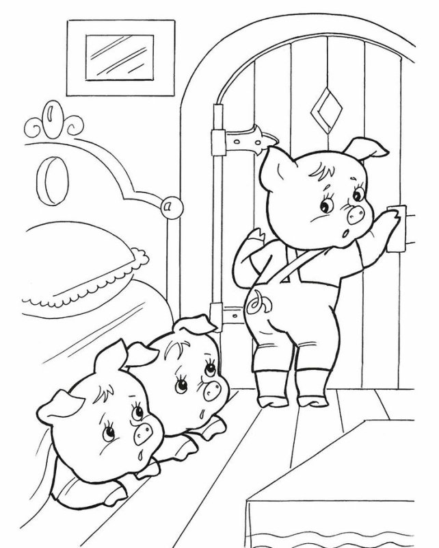 Раскраски к сказке три поросенка для детей