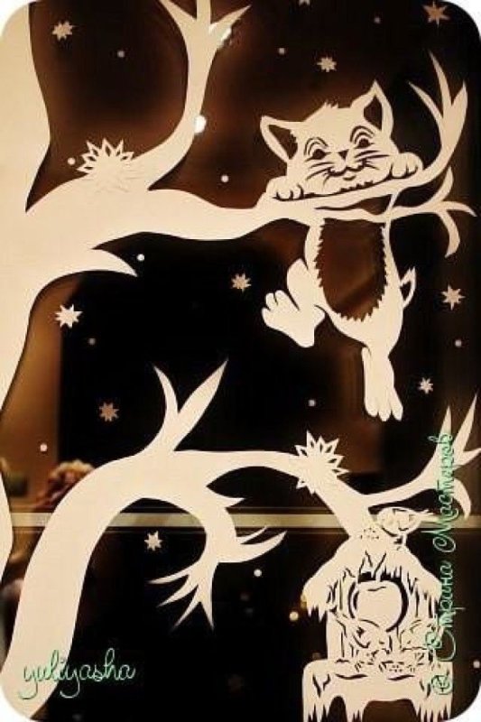 Трафарет на окно кот на дереве