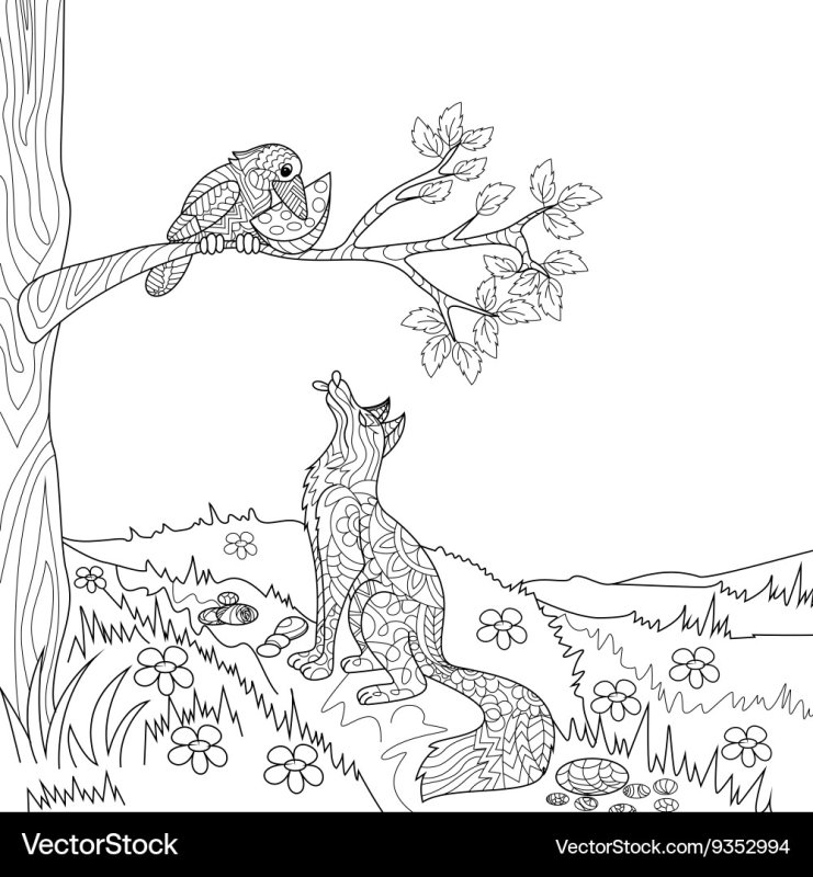 Раскраска басни Крылова ворона и лисица