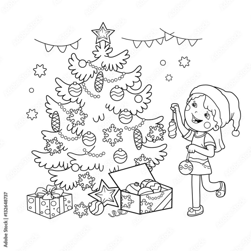 Раскраска девочка наряжает елку