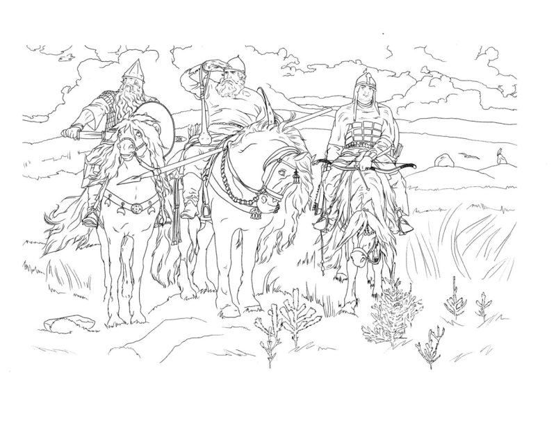 Три богатыря Васнецова черно белая