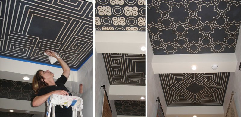 Узоры на потолке с помощью трафаретов