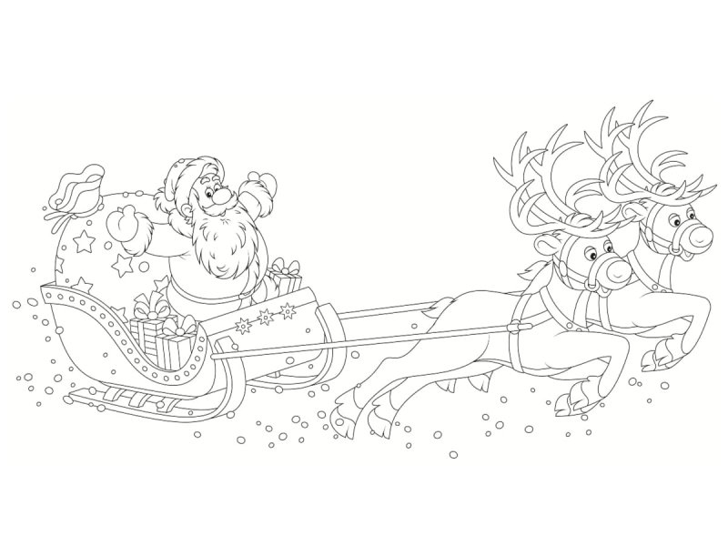 Раскраска дед Мороз с оленями
