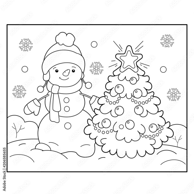 Раскраска новый год для детей Снеговик с елкой