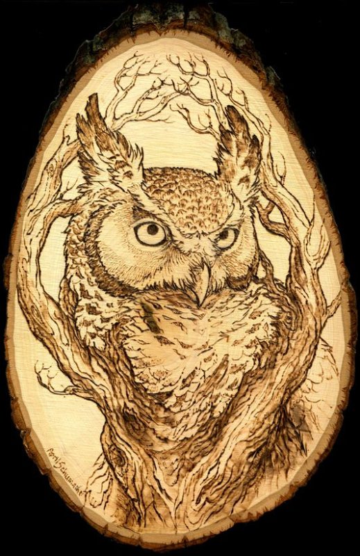 Сова выжигателем по дереву