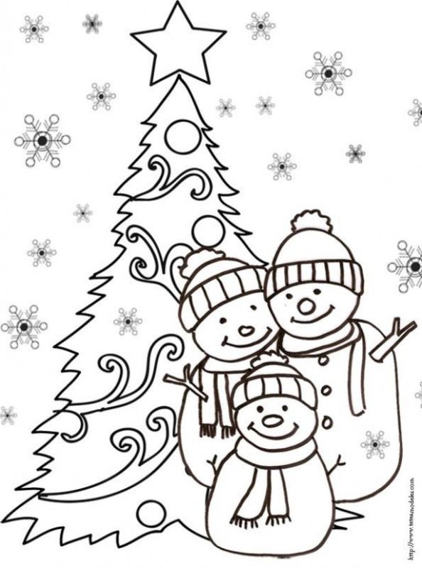 Раскраска Новогодняя Снеговик и ёлка