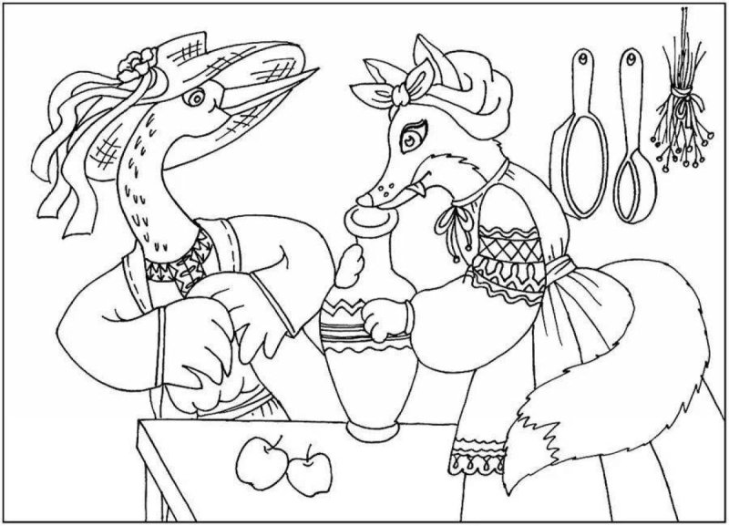 Лиса и журавль картинки раскраски