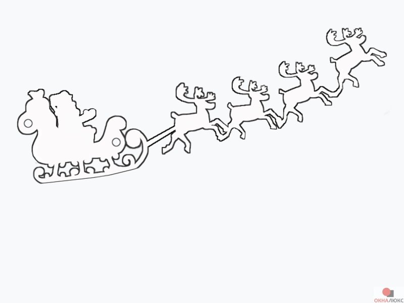 Трафарет на окно дед Мороз в санях и олени