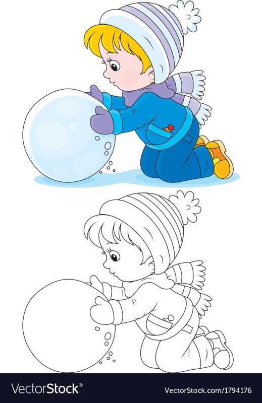 Раскраска дети лепят снеговика