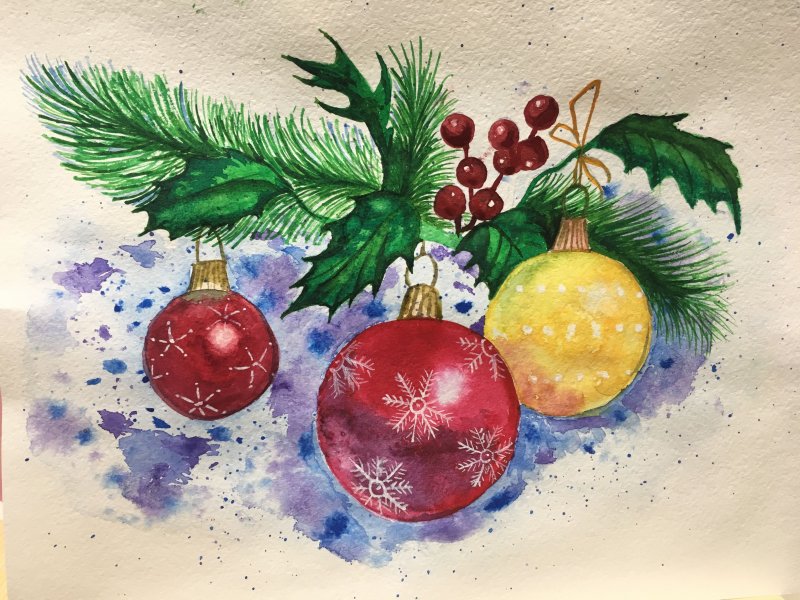 Новогодние рисунки акварелью