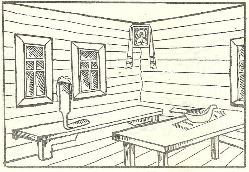 Русская изба внутри красный угол