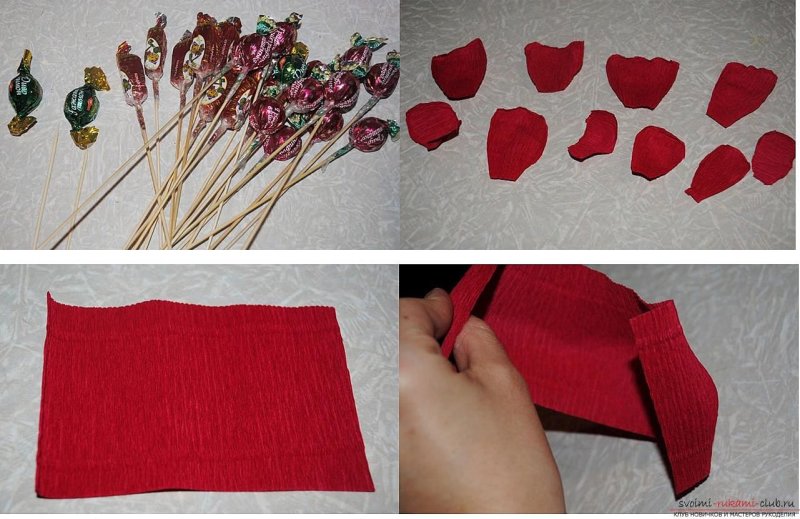 Розочки из гофрированной бумаги с конфетами