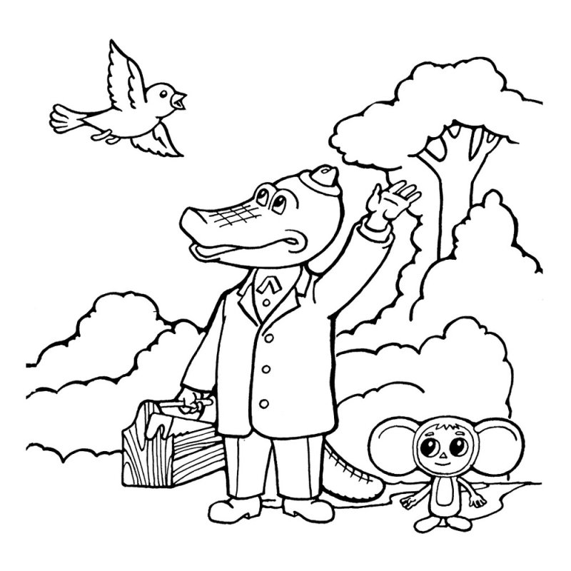 Раскраска из мультфильма крокодил Гена и Чебурашка