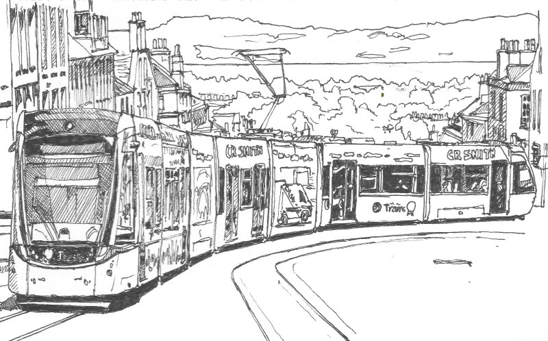 Трамвай рисунок карандашом