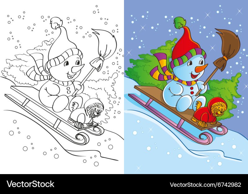 Снеговики на санках и лыжах