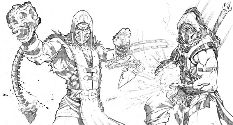 Раскраски мортал комбат битва скорпиона и Сабзиро