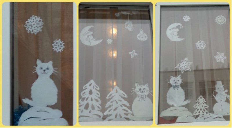 Украшение на окно кот на новый год