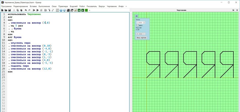 Буквы в кумире в чертежнике