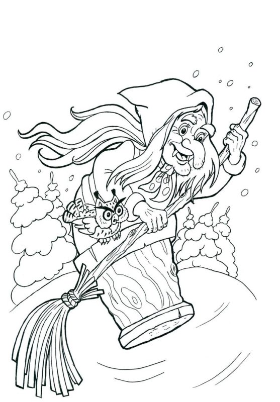 Баба Яга в ступе раскраска