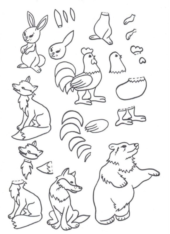 Лиса заяц и петух раскраска
