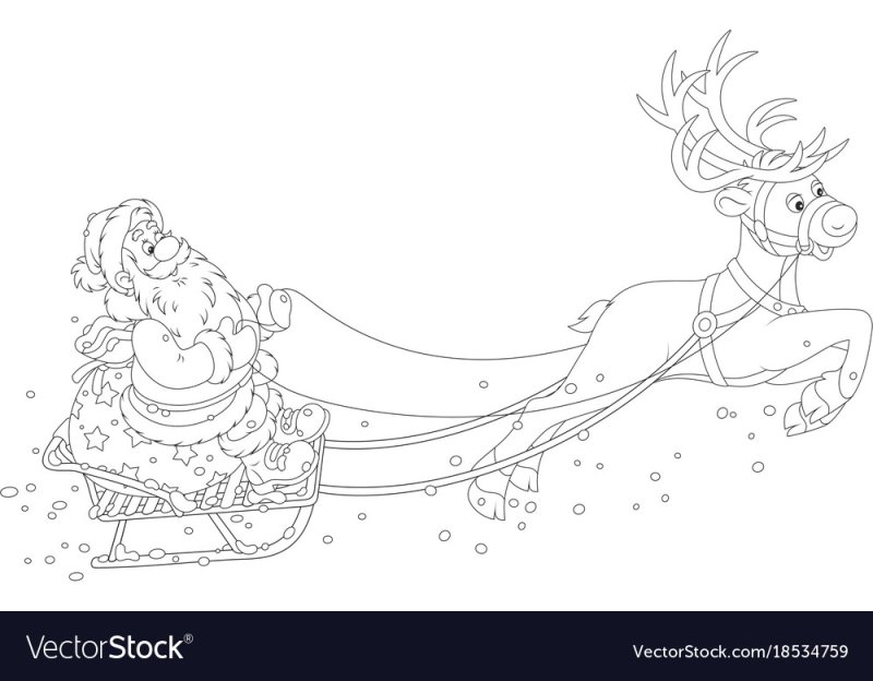 Дед Мороз на санях с оленями раскраска