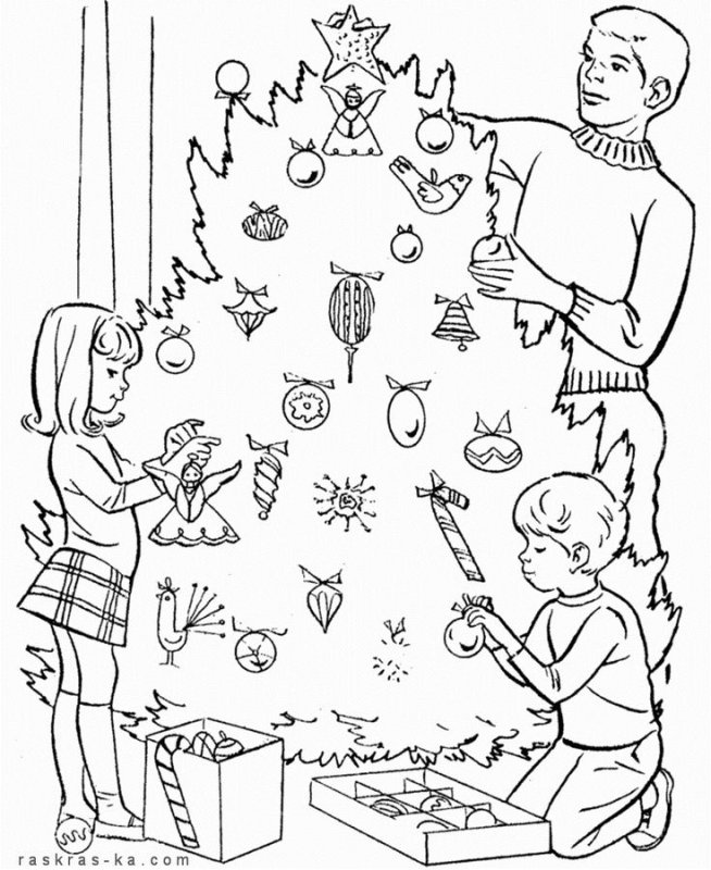 Дети наряжают елку раскраска