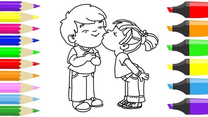 Девочка целует мальчика контур