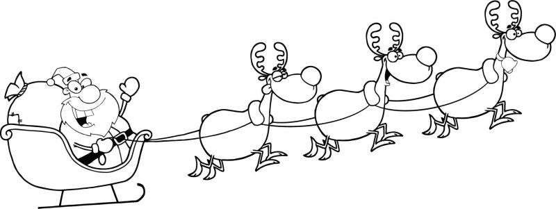 Дед Мороз на санях с оленями черно белый