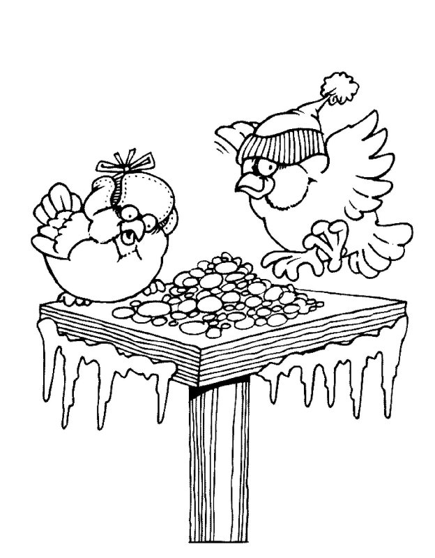 Раскраска птицы зимой у кормушки