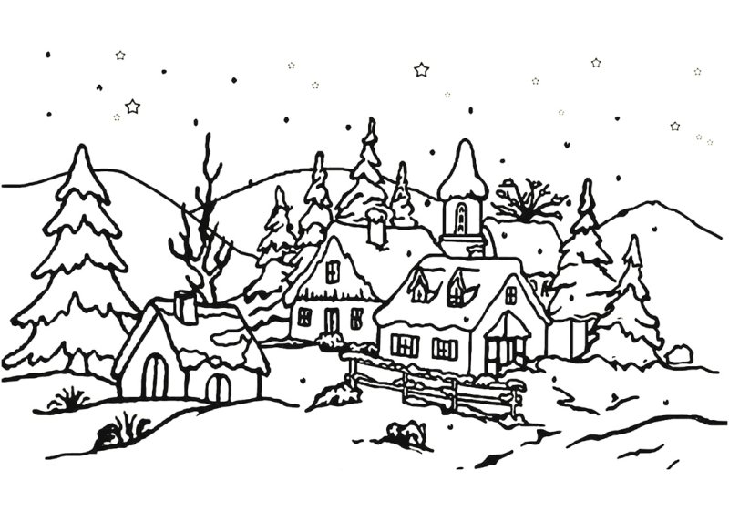 Зимний пейзаж раскраска