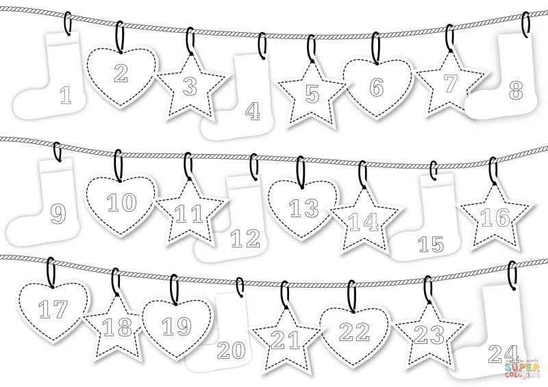 Рождественский адвент календарь раскраска