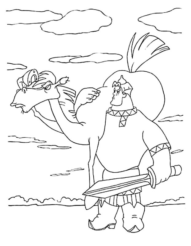 Раскраски три богатыря Алеша Попович и Тугарин змей