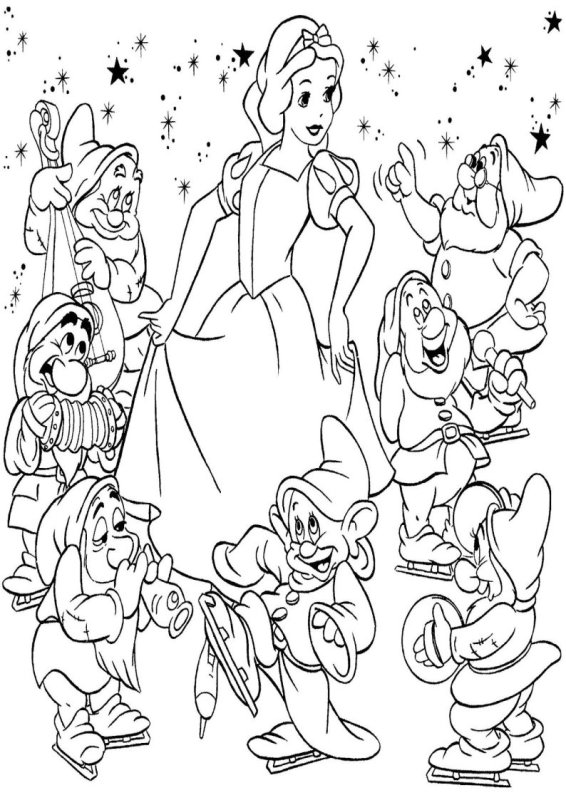 Раскраски Белоснежка и сем гномов