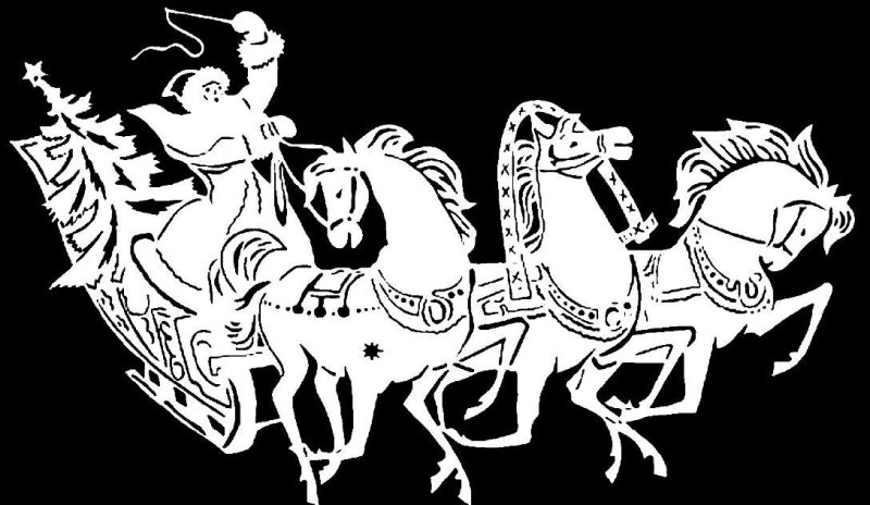 Дед Мороз и олени трафарет на окно