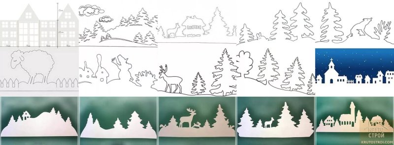 Новогодний пейзаж на окне из бумаги