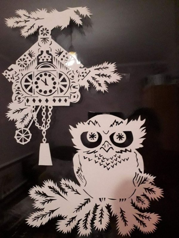 Вытынанки на окна новогодние Совы