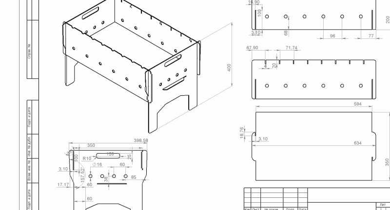 Чертеж раскладного мангала из металла с размерами