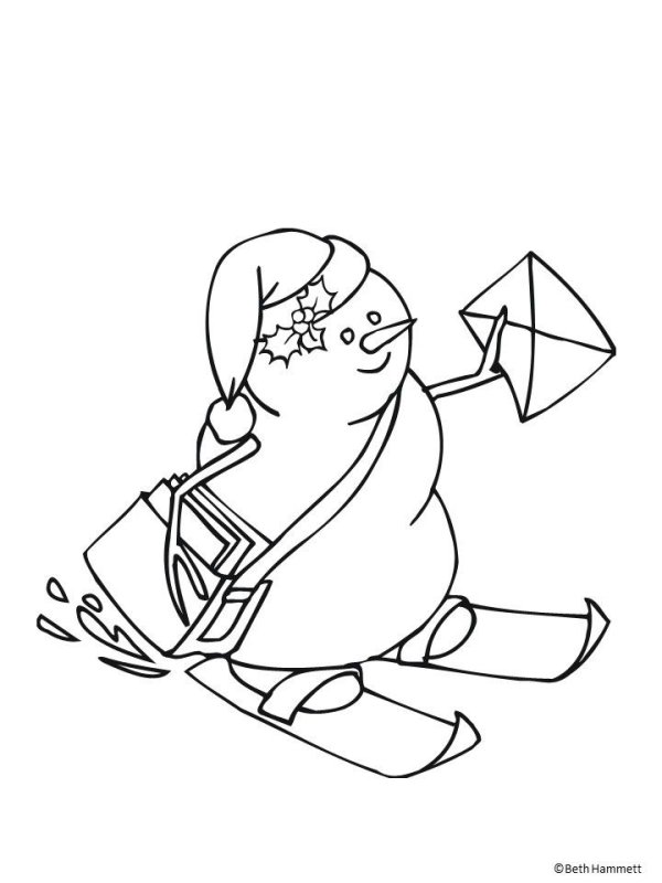 Снеговик на лыжах раскраска