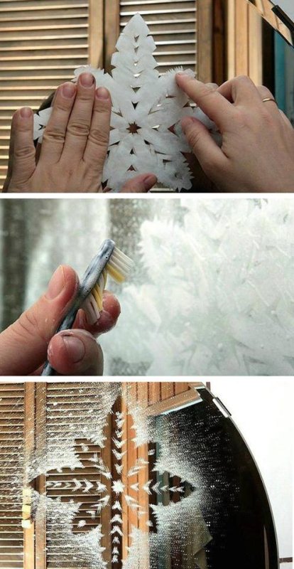 Снежинки на стекле зубной пастой