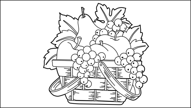 Раскраска корзина с фруктами и овощами