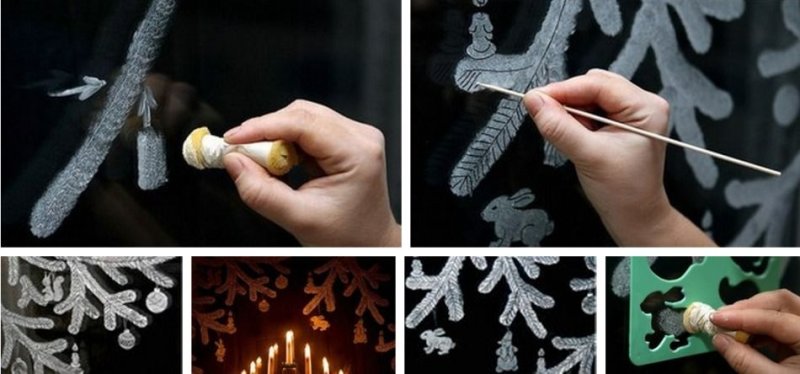 Новогодние узоры на окнах зубной пастой