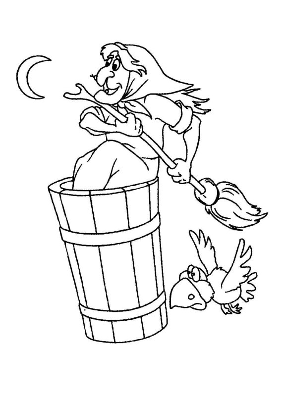 Баба Яга в ступе раскраска