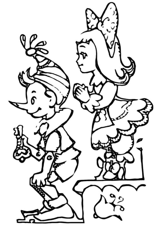 Раскраска Буратино и Мальвина и Пьеро