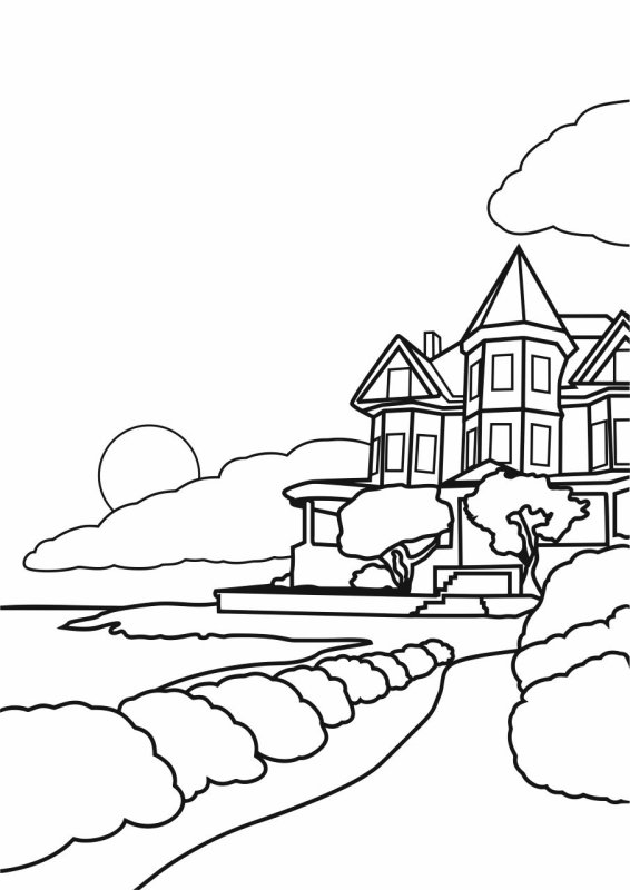 Дом у моря линейный рисунок